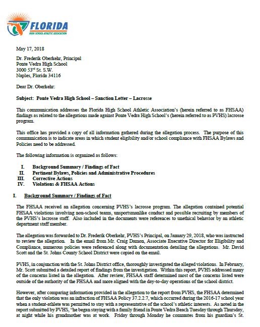 Page 1 of the letter from FHSAA to PVHS